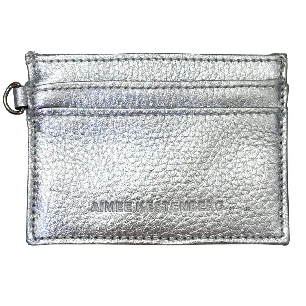 Aimee Kestenberg Silver Metallic Pebbled Leather Card Holder Wallet D-Ring